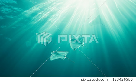 Sunbeams filtering through the turquoise ocean water illuminate eagle rays gliding gracefully in the depths, creating a tranquil and mesmerizing underwater scene filled with beauty 123426596