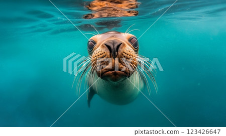 Close up of a sea lion swimming underwater in turquoise water, its whiskers prominent against the clear backdrop, creating a captivating portrait of marine wildlife 123426647