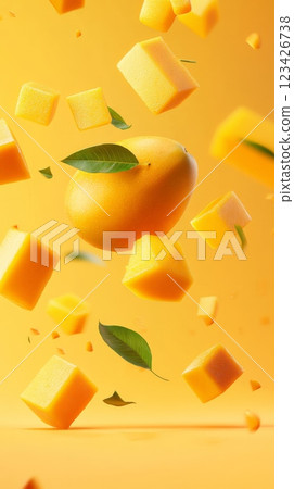 Whole ripe mango and several mango cubes are levitating on a vibrant yellow background, accompanied by fresh green mango leaves, creating a visually appealing composition 123426738