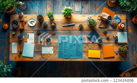 A wooden table topped with lots of office supplies 123426806