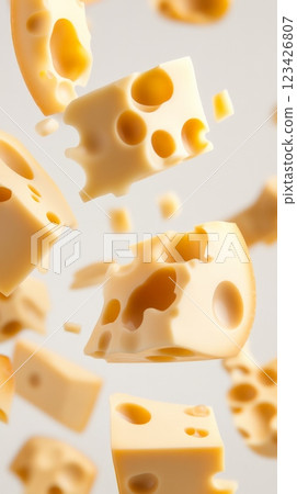 Floating pieces of swiss cheese of varying sizes against a blurred white background create a dynamic composition highlighting the texture and holes of this dairy favorite 123426807