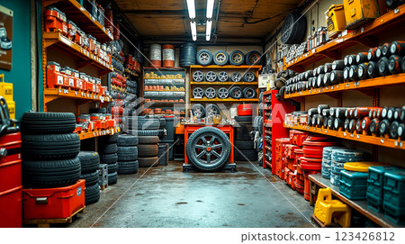 A garage filled with lots of different types of tires 123426812