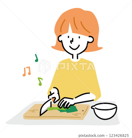 一位婦女用刀切蔬菜的插圖 一位婦女用刀切蔬菜的插圖 123426825