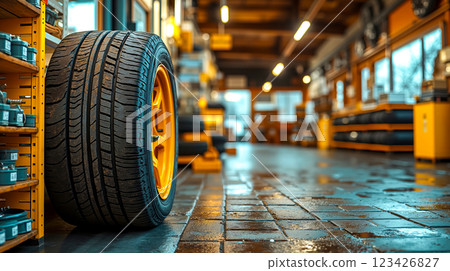 A tire on display in a tire shop 123426827