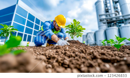 A man in a hard hat and safety vest planting a plant in a field 123426833