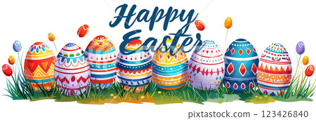 Vibrant easter day banner featuring colorful decorated eggs and festive text 123426840