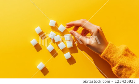 Reaching for sugar cube on yellow surface symbolizes health impact of sugar consumption 123426925