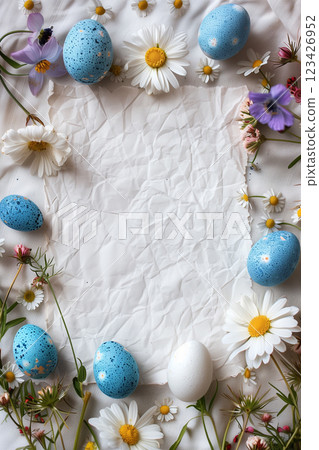 Light blue painted easter eggs on white background with copy space 123426952