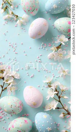 Colorful easter eggs and fresh spring flowers on a light blue background 123427030