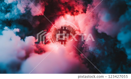 Bitcoin logo surrounded by vibrant red and blue smoke creating a dramatic and mysterious atmosphere, symbolizing the volatile and uncertain nature of cryptocurrency Bitcoin logo surrounded by vibrant red and blue smoke creating a dramatic and mysterious atmosphere, symbolizing the volatile and uncertain nature of cryptocurrency 123427055
