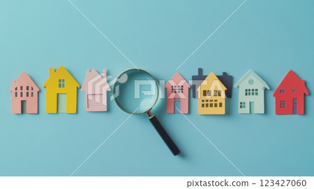 Magnifying glass is searching for the perfect home among a row of colorful paper houses on a light blue background, representing the concept of house hunting and real estate investment 123427060