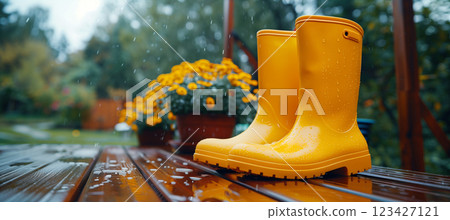 Bright yellow rain boots on wooden deck amidst floral background for fall cleaning service 123427121