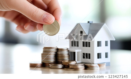 Hand dropping coin on stack of coins next to small house model representing investment, savings, or mortgage for real estate purchase Hand dropping coin on stack of coins next to small house model representing investment, savings, or mortgage for real estate purchase 123427145