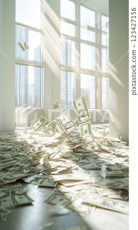 Numerous dollar bills are raining down, creating a thick carpet of cash on the floor of a bright, sunlit room with large windows 123427156