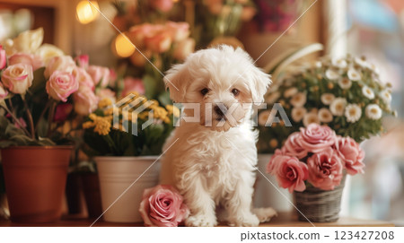 White dog sitting on counter surrounded by colorful flowers for valentines day 123427208