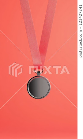 Silver medal hanging from a coral ribbon, symbolizing victory, achievement, and the pursuit of excellence in sports or other competitive fields Silver medal hanging from a coral ribbon, symbolizing victory, achievement, and the pursuit of excellence in sports or other competitive fields 123427241