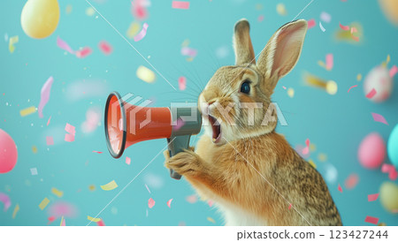 Cute rabbit with megaphone celebrating easter amidst confetti background 123427244