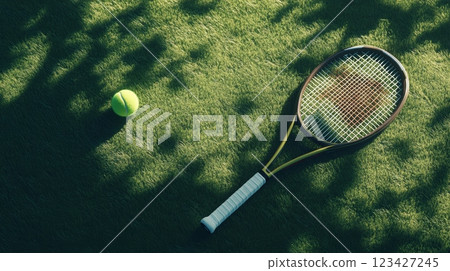 Tennis racket and ball lying on a grass court under the dappled shade of a tree, creating a serene and inviting scene for a game of tennis 123427245
