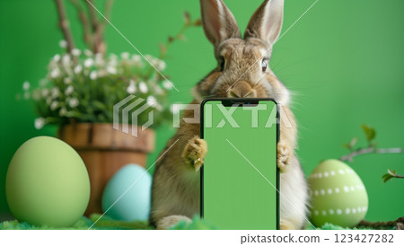 Adorable easter bunny with phone surrounded by colorful eggs and festive decor 123427282