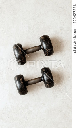 Two black dumbbells are lying on a light concrete background, symbolizing fitness training, strength building, and a healthy lifestyle 123427288