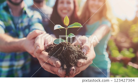 Four hands holding soil together with plants, symbolizing environmental justice and growth Four hands holding soil together with plants, symbolizing environmental justice and growth 123427304