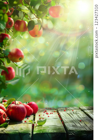 Vibrant red apples hanging on tree branches in sunny orchard setting 123427310