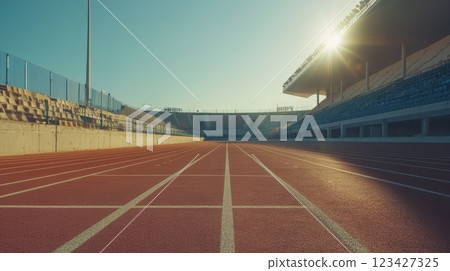 The serene athletics stadium at sunrise, empty yet full of energy, symbolizes determination, focus, and the pursuit of fitness and wellness 123427325