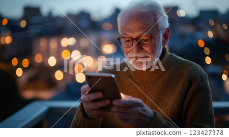 Elderly man with glasses and brown sweater using smartphone on balcony at night, enjoying city lights view in the background 123427378