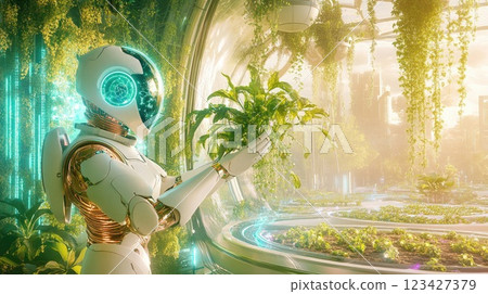 Robot tending to plants in a futuristic greenhouse with lush greenery 123427379