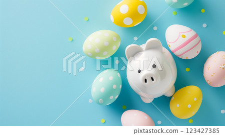 Piggy bank surrounded by colorful Easter eggs on blue background. 123427385