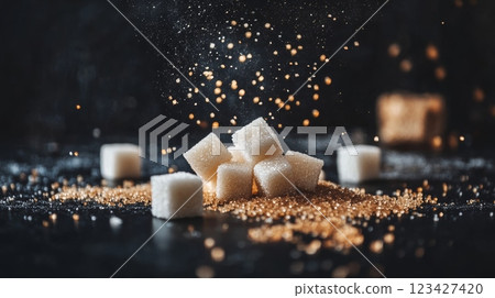White sugar cubes falling onto a pile of brown sugar granules, creating a dynamic scene on a dark background, highlighting the concept of sugar consumption and its variations 123427420