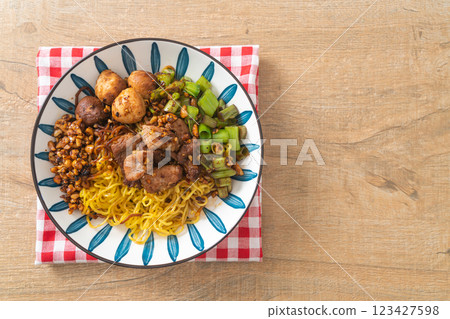 dried egg noodle with pork and meatball dried egg noodle with pork and meatball 123427598