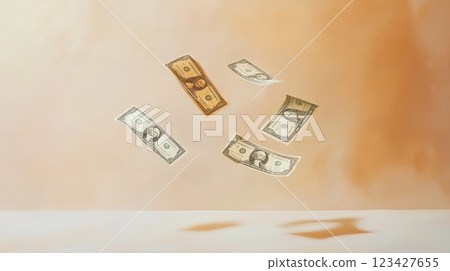 Five one dollar bills falling slowly on a beige background, creating soft shadows on the white surface below, evoking concepts of wealth, savings, and financial prosperity 123427655