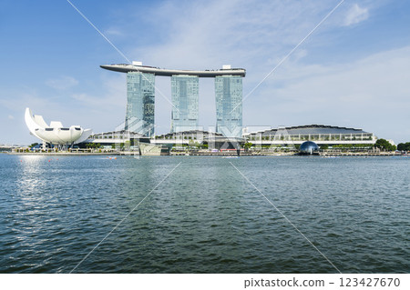 Building view of the Marina Bay Sands, there is an integrated resort fronting Marina Bay in Singapore, including a hotel, exhibition centre, Shopping mall, museum, casino, etc. 123427670