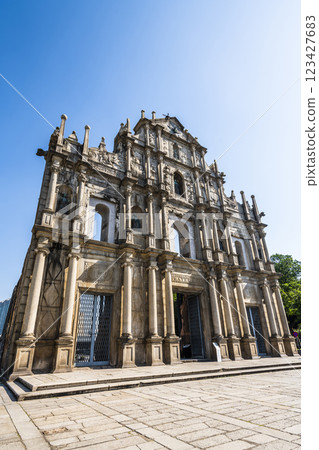 The ruins of St. Paul's Cathedral at Jesus Company Square in Macau, China, is a historic architectural landmark, and a UNESCO World Heritage. 123427683