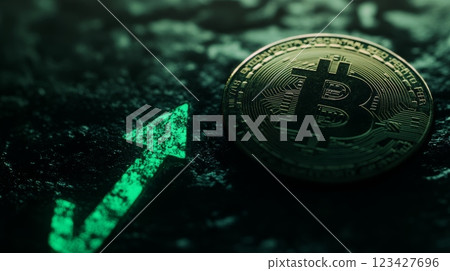 Glowing green upward arrow next to cryptocurrency coin laying on rough dark surface represents increasing value and investment growth 123427696