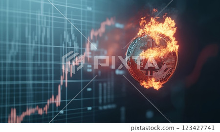Bitcoin cryptocurrency coin burning in flames with stock market chart showing decrease, illustrating cryptocurrency market crash or investment loss 123427741