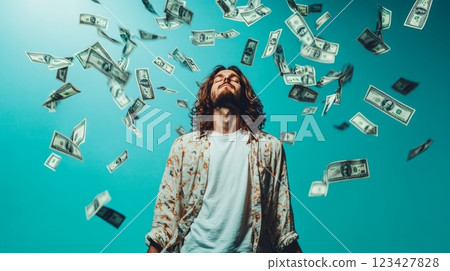 Young man with long hair is standing with his head tilted back and eyes closed, enjoying a shower of dollar bills falling around him against a vibrant turquoise backdrop Young man with long hair is standing with his head tilted back and eyes closed, enjoying a shower of dollar bills falling around him against a vibrant turquoise backdrop 123427828