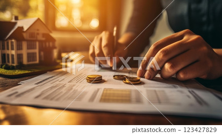 Accountant calculating a mortgage investment with gold coins, documents, and a miniature house, showing finance and real estate expertise in managing money and property Accountant calculating a mortgage investment with gold coins, documents, and a miniature house, showing finance and real estate expertise in managing money and property 123427829