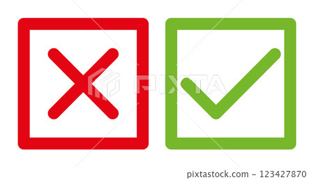 green tick and red x in square, OK check mark and X cross icon symbol, vector illustration green tick and red x in square, OK check mark and X cross icon symbol, vector illustration 123427870