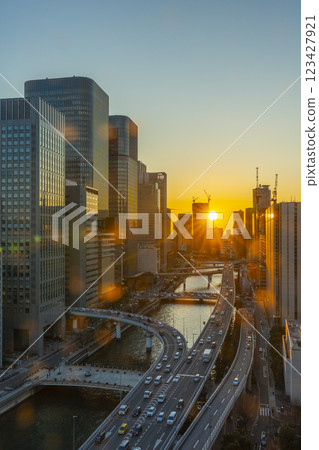 Beautiful evening scene in Nakanoshima, Osaka - Sunset over the buildings 123427921