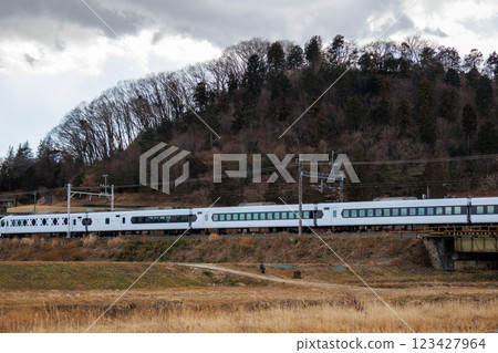 Tobu Express Spacia X running through the withered winter sky 123427964