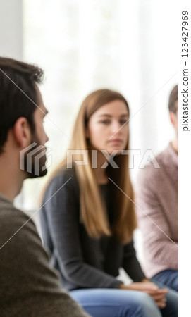 Patients are actively participating in a group psychotherapy session, listening intently to shared experiences and receiving psychological support 123427969