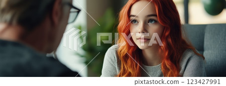 Redhead teenager girl is listening to her counselor during psychotherapy session, receiving psychological support and mental health care Redhead teenager girl is listening to her counselor during psychotherapy session, receiving psychological support and mental health care 123427991