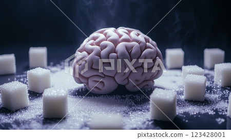Brain model steaming and surrounded by refined white sugar cubes represents sugar addiction and its dangers for human health, promoting awareness of no sugar lifestyle and sugar free choices 123428001