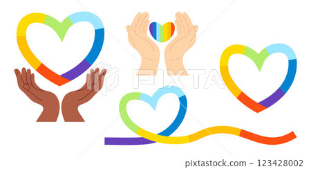 LGBT Pride Month set. Diverse hands holding rainbow heart, colorful ribbon. Unity, diversity and inclusion. Isolate LGBTQ community symbols. Vector illustration. Zero discrimination day 123428002