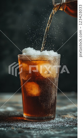 Refreshing soda being poured into glass filled with ice, creating a bubbly and tempting beverage, highlighting the high sugar content and its association with unhealthy lifestyle choices 123428033