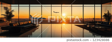 Airplanes are taking off from an airport at sunset, viewed from a luxurious lounge with comfortable black leather sofas 123428086