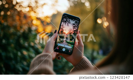 Woman using mobile phone to capture beautiful sunset scenery in a park, enjoying golden hour light and nature's beauty through mobile photography Woman using mobile phone to capture beautiful sunset scenery in a park, enjoying golden hour light and nature's beauty through mobile photography 123428147
