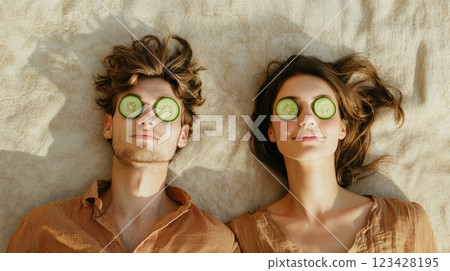 Young man and woman lying on a towel with cucumber slices on their eyes, enjoying a refreshing and natural skincare treatment 123428195